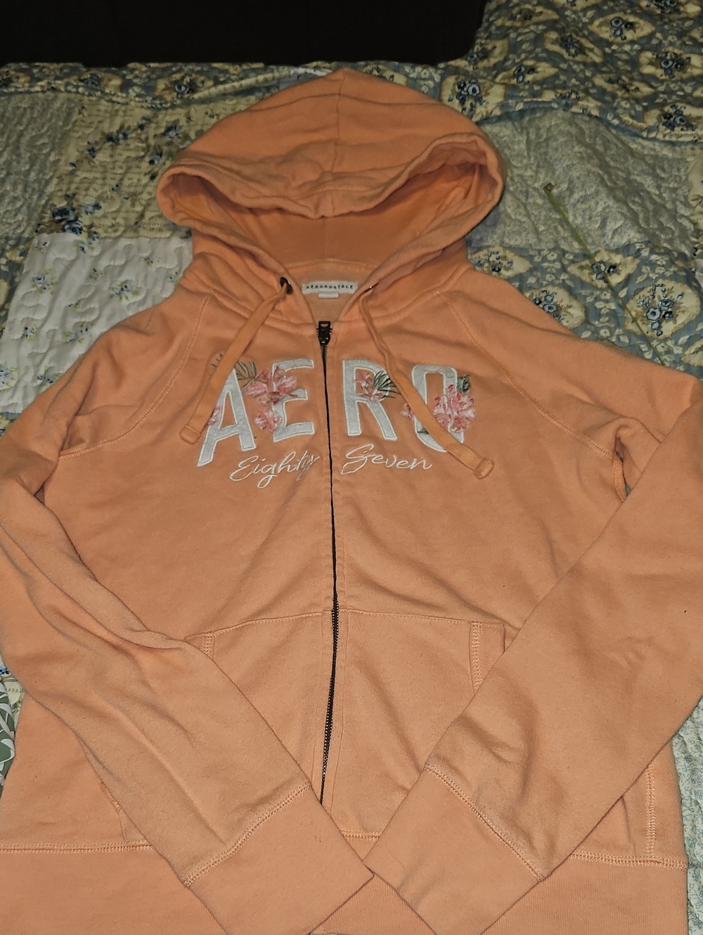 Aeropostale Peach Zip-Up Hoodie with Floral AERO Logo